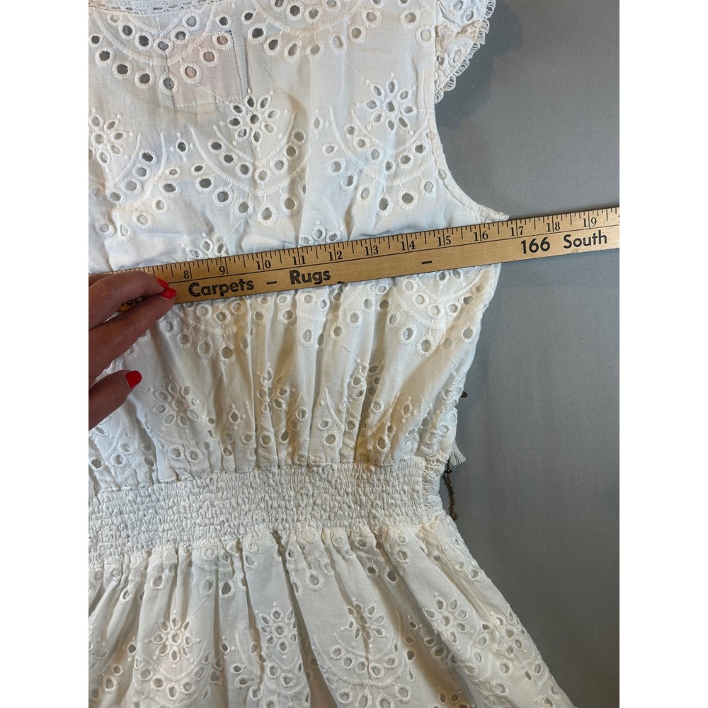 Bell by Alicia Bell White Cotton Eyelet Smocked Mini Dress Tassel Boho Small - Picture 6 of 8